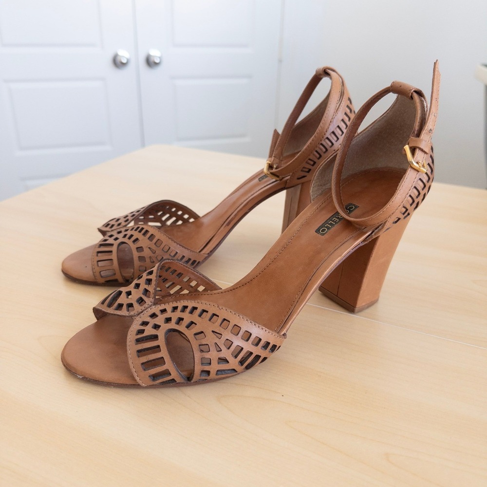 Corello Leather Block Heel Sandals Size 9 Brown Laser Cut Ankle Strap Boho Chic